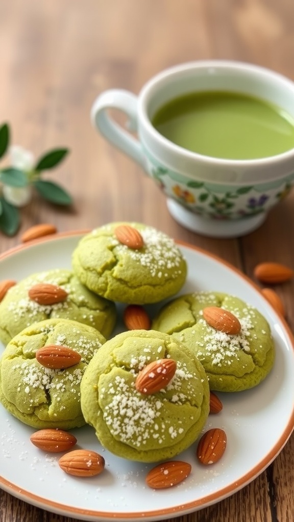 Matcha almond cookies on a plate with almonds and powdered sugar, accompanied by a cup of green tea.